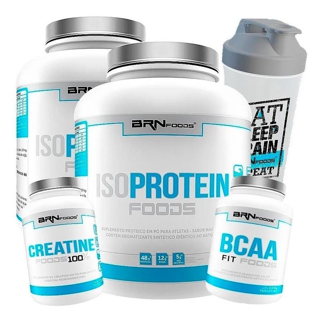 Kit 1x Iso Protein BRN Foods - Baunilha -  2kg + 1x Iso Protein - Morang 2kg + Bcaa Fit - Tangerina - 100g + Creatina - 100g + Coqueteleira - Foto 1