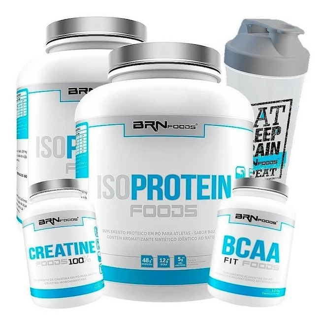 Kit 2x Iso Protein BRN Foods - Morango - 2kg + Bcaa Fit - Tangerina -100g + Creatina - 100g + Coqueteleira - Foto 1