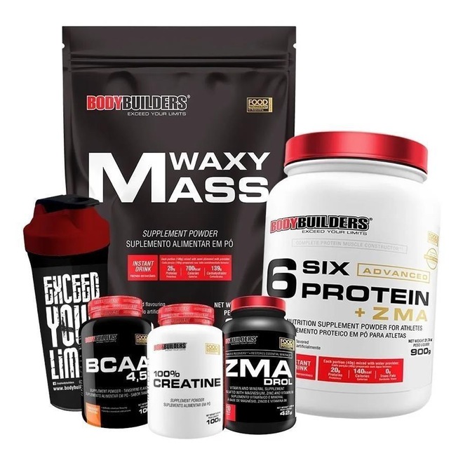 Kit Waxy Mass Bodybuilders - Baunilha - 3kg + Six Pote - Baunilha - 900g + ZMA + BCAA - 100g + Coqueteleira - Foto 1