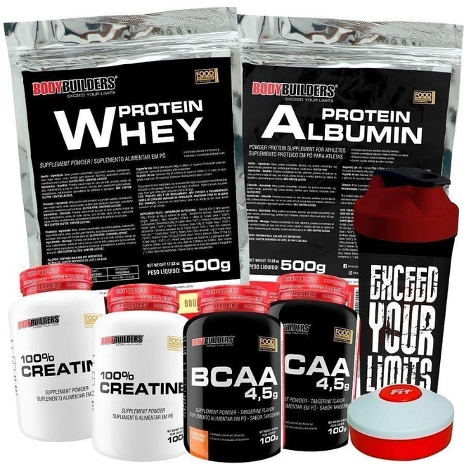 Kit BodyBuilders Whey Protein Chocolate 500g  + Albumina Chocolate 500g + 2x BCAA 100g + 2x Creatina 100g  + Coqueteleira - Foto 1