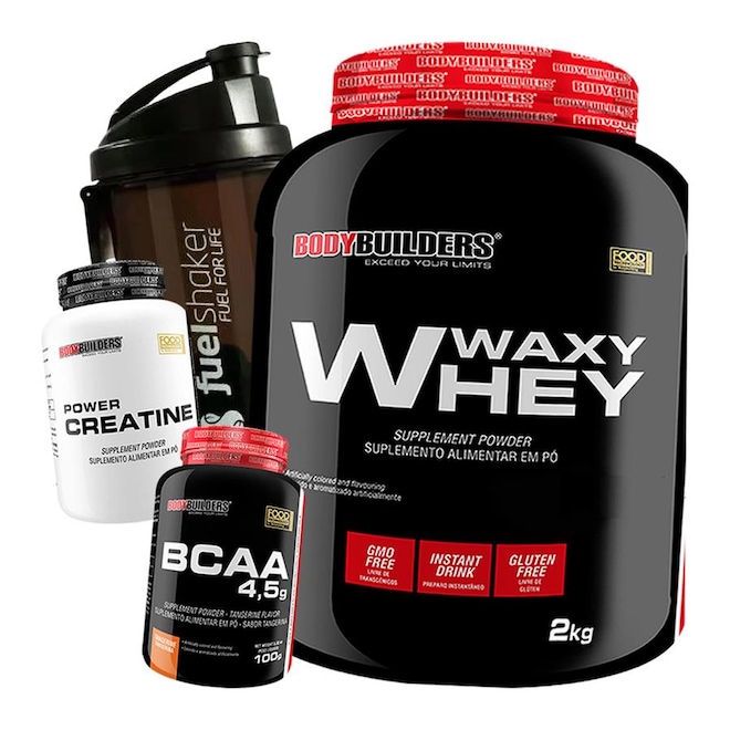 Kit 1x Whey protein Isolado Bodybuilders Chocolate - 2kg + Creatina 300g + BCAA 100g + Fuel Shaker - Foto 1