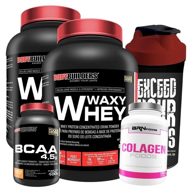 Kit 2x Waxy Whey Bau 900g + BCAA 100g Tang + Colageno Foods 100caps + Coqueteleira - Bodybuilders - Foto 1