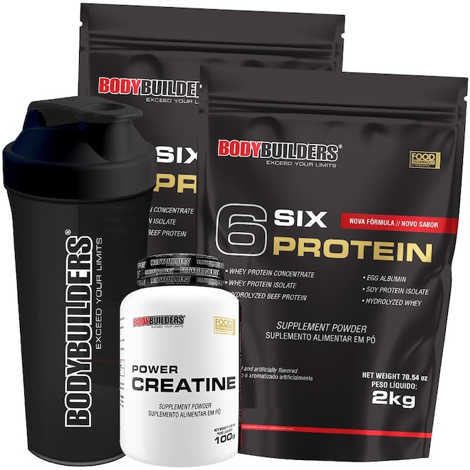 Kit Six Protein Bodybuilders - Chocolate - 2kg + Six Protein - Morango - 2kg + Creatina - 100g + Coqueteleira - Foto 1