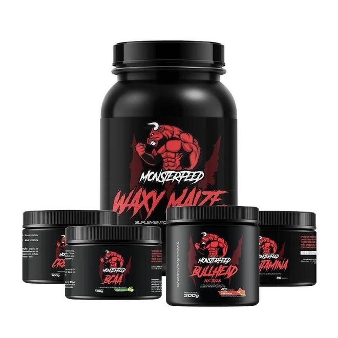 Kit Monsterfeed Pré-Treino Bullhead - Melancia - 300g + Creatina - 100g + Glutamina - 100g + BCAA - 100g + Waxy Maize - 800g - Foto 1