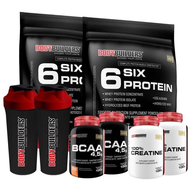 Kit Six Protein Bodybuilders - Morango - 900g + Six - Baunilha + BCAA - 2 potes + Creatina - 2 potes + Shaker - 2 unidades - Foto 1