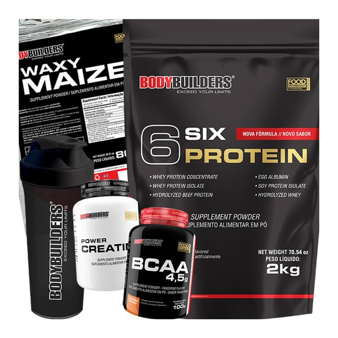 Kit Six Protein Bodybuilders 2kg Chocolate + BCAA + Creatina + Waxy Maize + Shaker - Foto 1