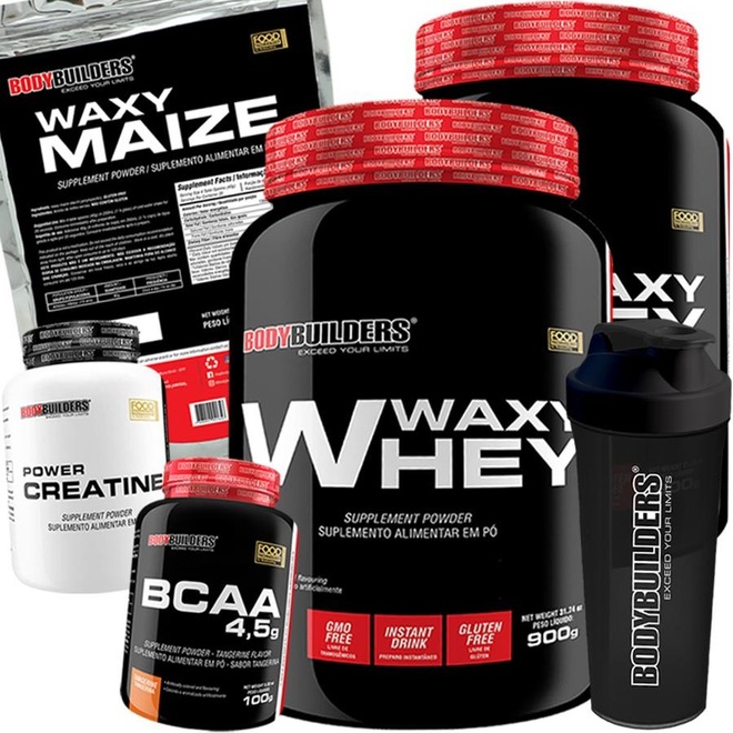 Kit 2x Whey Protein Bodybuilders - Baunilha + Chocolate - 900g + Waxy Maize + BCAA + Creatina + Shaker - Foto 1