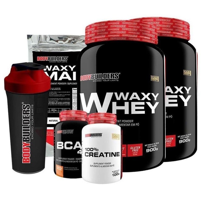 Kit 2x Whey Protein Bodybuilders - Baunilha - 900g + Waxy Maize Refil + BCAA + Creatina + Shaker - Foto 1