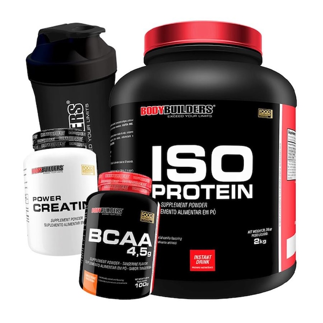 Kit Whey Protein Isolado Chocolate 2kg + BCAA 100g + Creatina 300g + Coqueteleira - Bodybuilders - Foto 1
