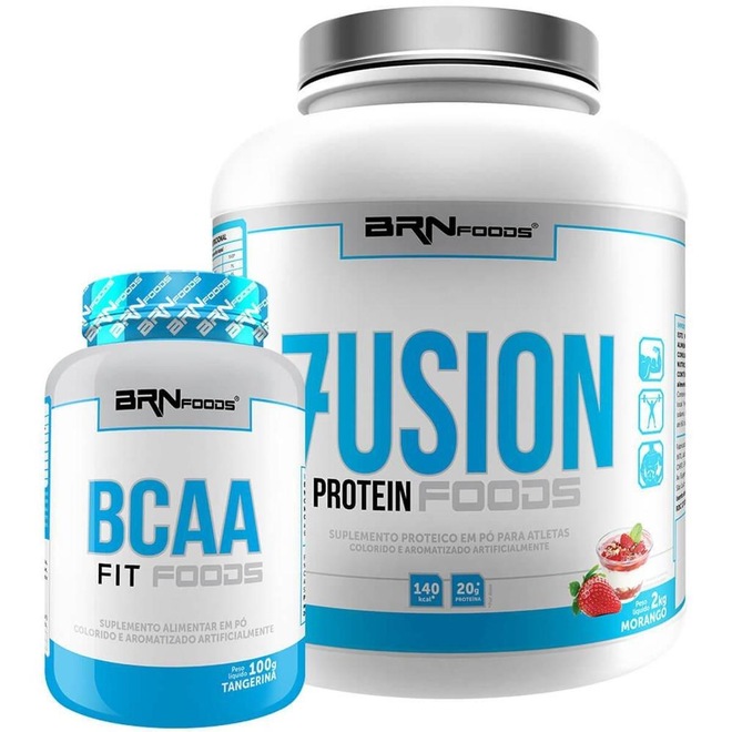 Kit BRN Foods Whey Protein Fusion 2kg Morango + BCAA 100g - Foto 1