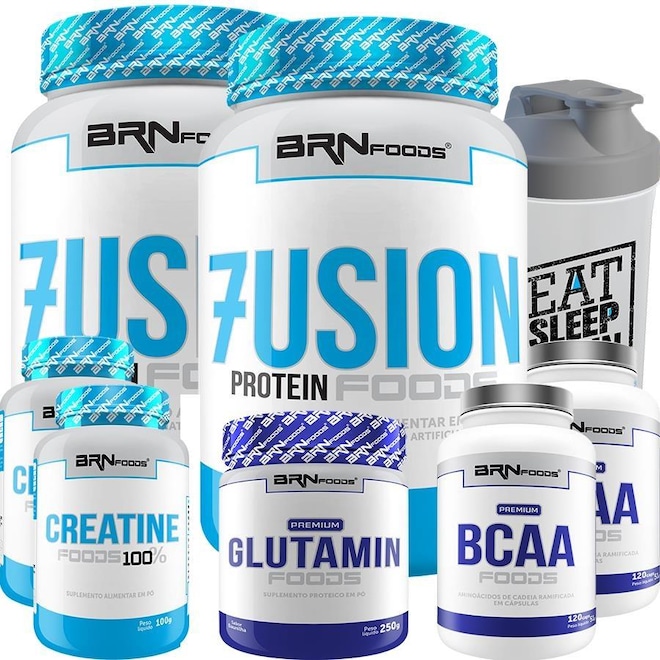Kit 2x Whey Protein 900g Baunilha + 2x BCAA + 1x Glutamina + 2x Creatina + Coqueteleira - BRN Foods - Foto 1