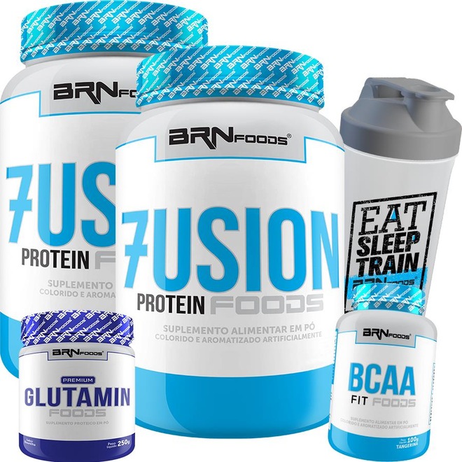 Kit BRN Foods 2x Whey Protein 900g Morango + 2x BCAA + 1x Glutamina + Coqueteleira - Foto 1