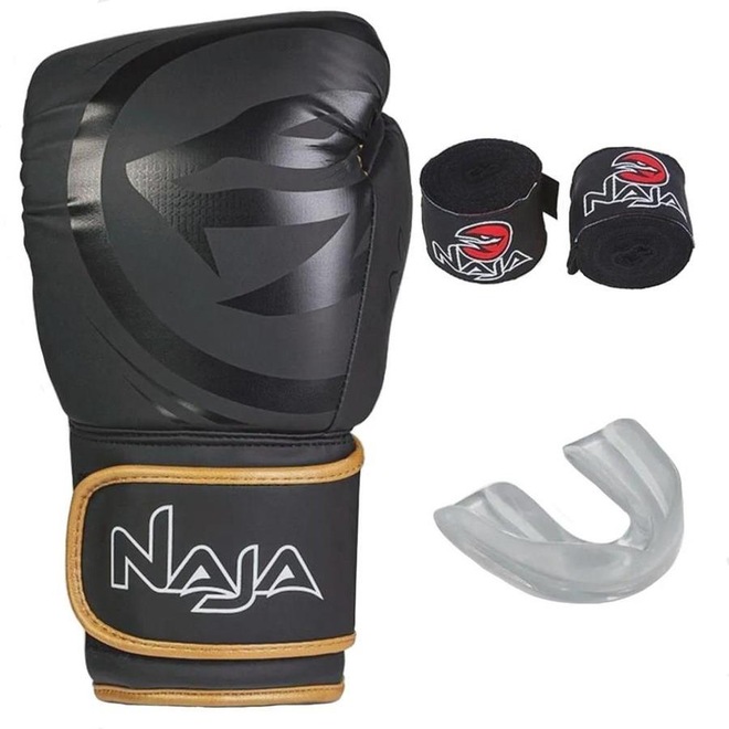 Luva Boxe Naja Black Line Kit + Bandagem + Protetor Bucal - Par - Foto 1
