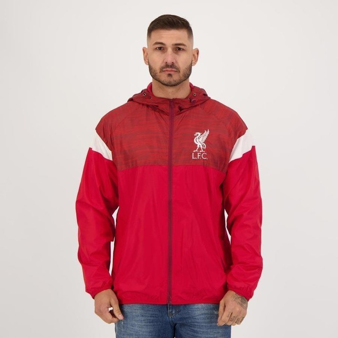 Jaqueta Corta Vento FutFanatics Liverpool com Capuz - Masculina - Foto 1