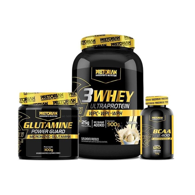 Kit 3W Ultra Protein Pretorian Baunilha 900g + Glutamina 300g + Bcaa 2400 - 120 Cápsulas - Foto 1