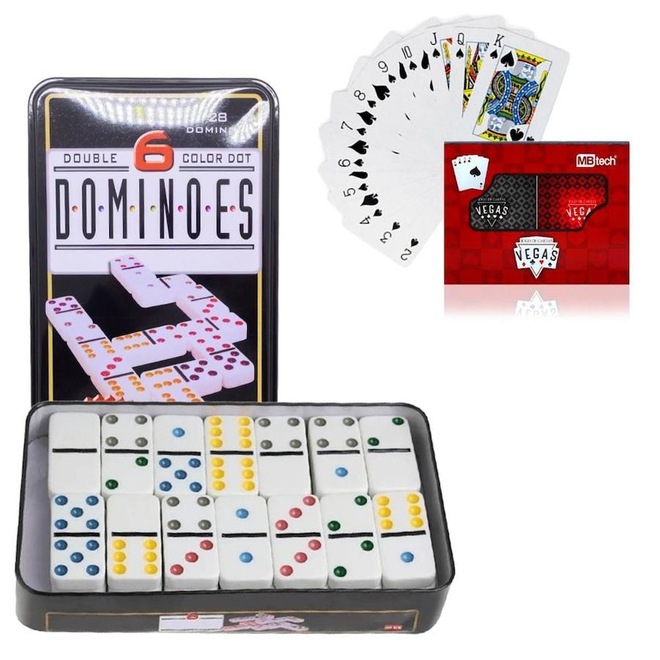 Dominó Dominoes com 28 Peças de 9mm e Estojo Lata + Baralho MB Teach com 108 Cartas - Foto 1