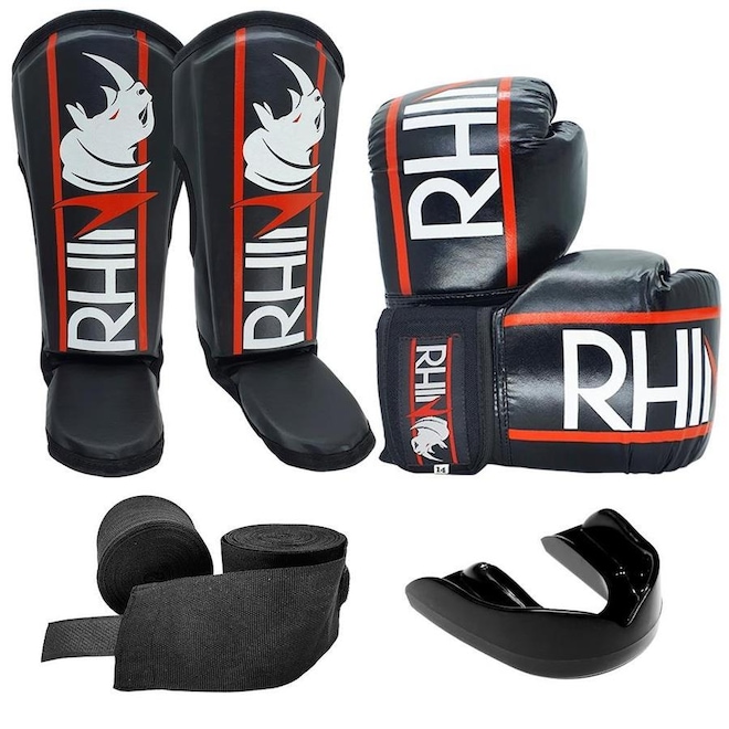 Kit de Muay Thai Rhino com Luvas + Caneleira + Bandagem + Bucal - Foto 1