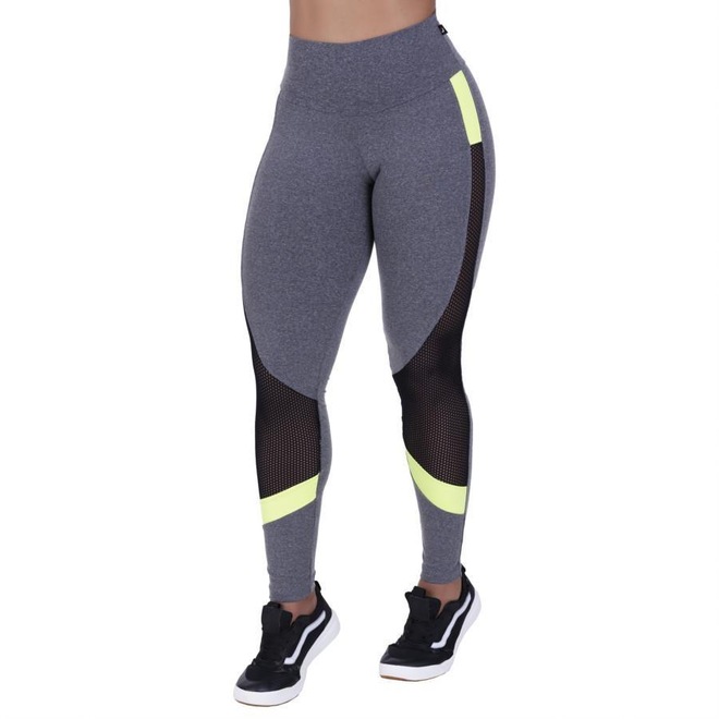 Calça Legging Orbis Fitness Polimiada Recortes Tela e Neon - Feminina - Foto 1