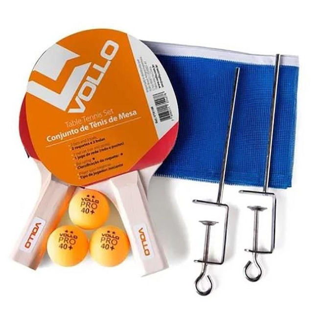 Kit Raquetes de Tênis de Mesa Vollo: 2 Unidades + Bolas - 3 Unidades + Suporte + Rede VT710-R - Foto 1