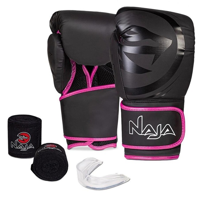 Kit Muay Thai Naja: Luvas Black Line + Bandagem + Bucal - Adulto - Foto 1