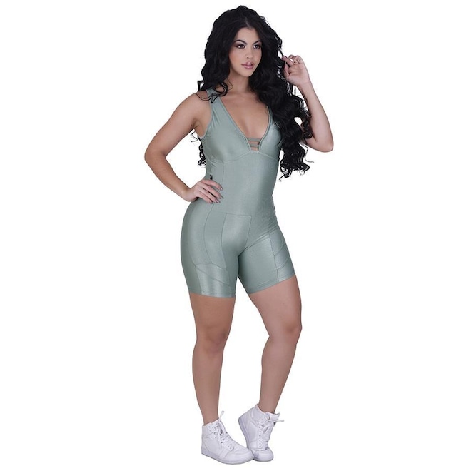 Macaquinho Fitness Orbis Curto Textura Mini Canelado Brilho com Bojo Modelador - Feminino - Foto 1