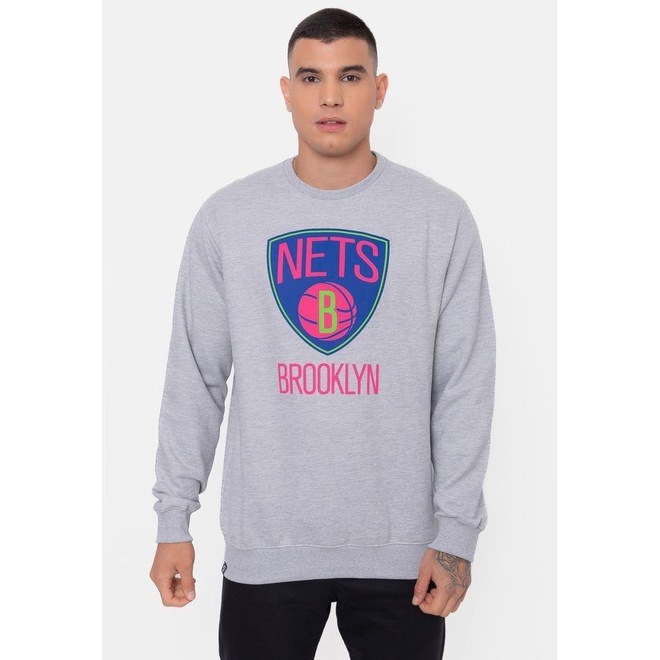 Blusão De Moletom NBA Neon Colors Brooklyn Nets Cinza Mescla - Masculina - Foto 1