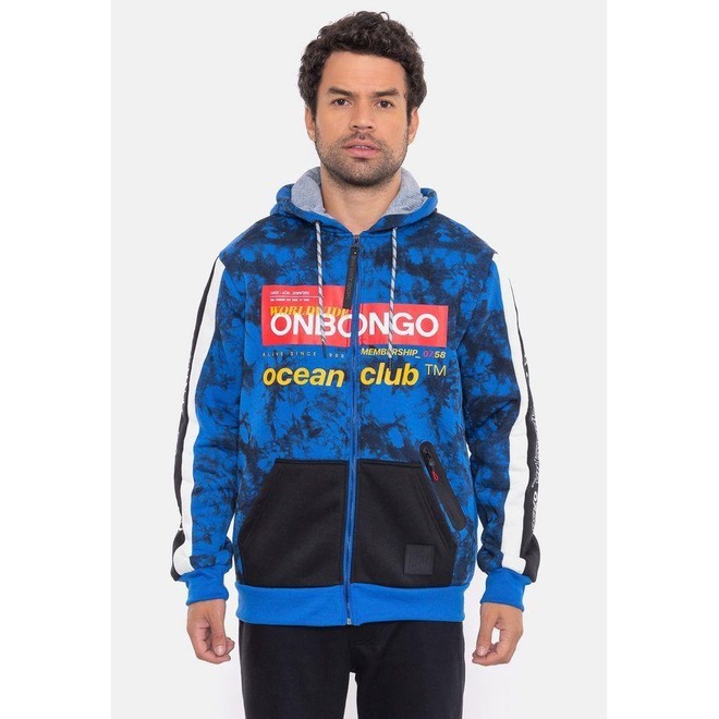 Jaqueta de Moletom com Capuz Onbongo Canguru Aberto Azul - Masculina - Foto 1