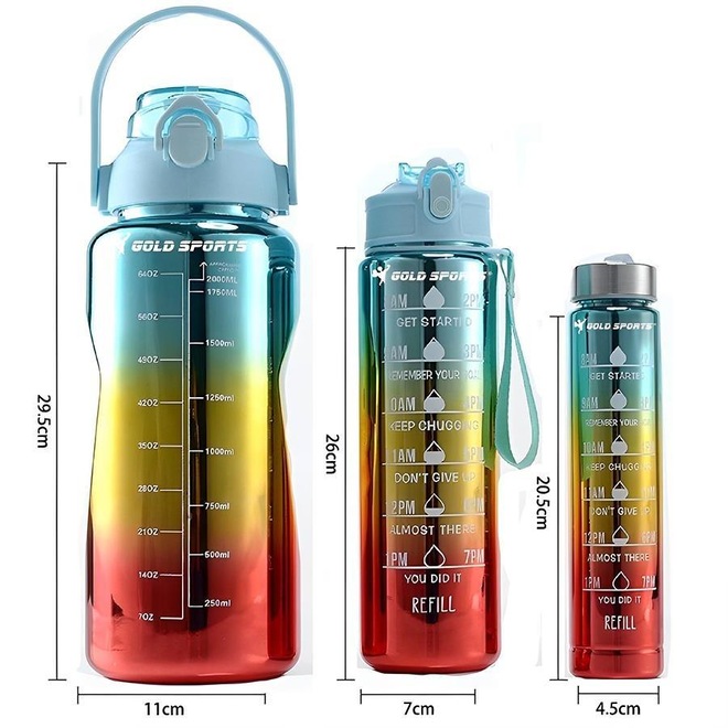 Kit 3 Garrafas Squeeze Plástica Gold Sports Degrade Adesivos Bpa-Free 2 Lts, 800ml e 280ml - Foto 1