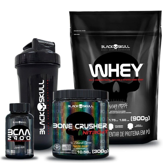 Kit Suplementos Black Skull: Bone Crusher Nitro 2T+ Refil Whey 900g + BCAA 2400 + 1 Coqueteleira - Foto 1