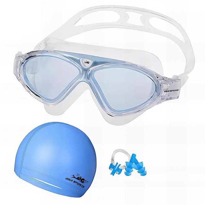 Kit Máscara de Natação Gold Sports Silicone Confort Hd - Touca Pu e Protetor Nasal e Ouvido - Adulto - Foto 1