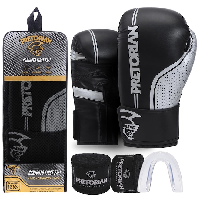 Kit de Luvas de Boxe e Muay Thai First Fx1 Pretorian + Bandagem + Bucal - Foto 1