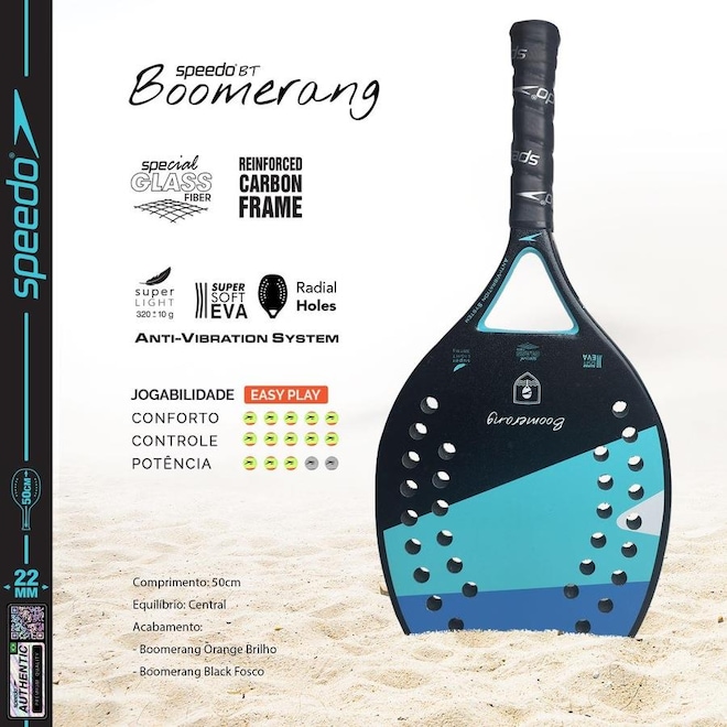 Raquete Beach Tennis Boomerang Glass Fiber + Beach Bag Speedo - Black - Foto 1