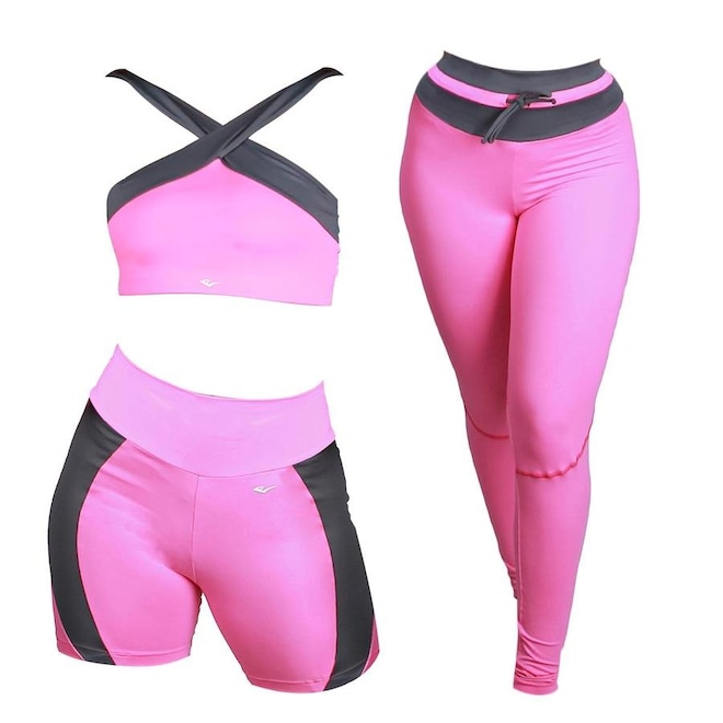 Kit Top Everlast Treino Cross Super Power + Short + Calça Everlast - Feminino - Foto 1