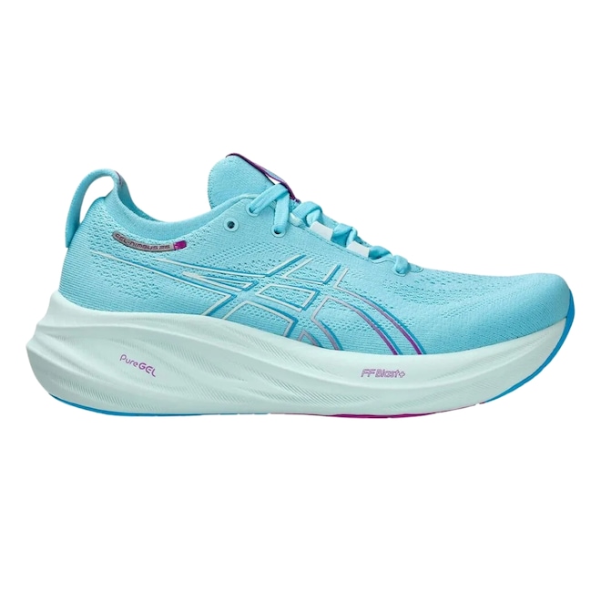 Tênis Asics Nimbus 26 Corrida Celeste e Prata - Feminino - Foto 1