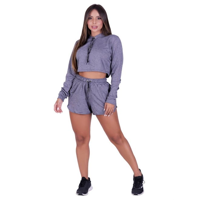 Conjunto Orbis Fitness Blusa Cropped Manga Longa + Shorts - Feminino - Foto 1