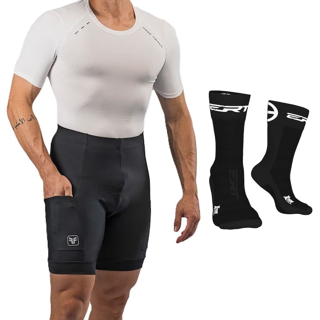 Kit Bermuda Ciclismo Free Force Basic com Bolsos + Meia - Masculina - Foto 1