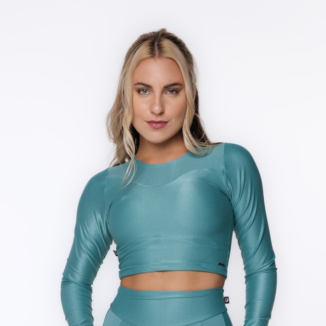 Cropped Manga Longa Justo Poliamida Laminado com Bojo Feminino - Foto 1