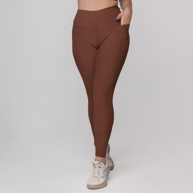 Calça Legging Fitness Textura Canelado Bolso Poliamida Feminina - Foto 1