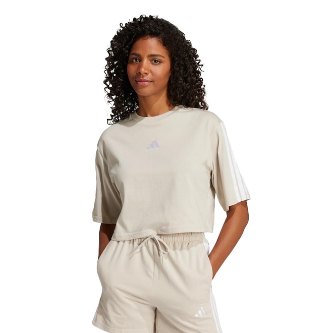 Camiseta Feminina Adidas Essentials 3 Listras Algodón Holgada - Foto 1