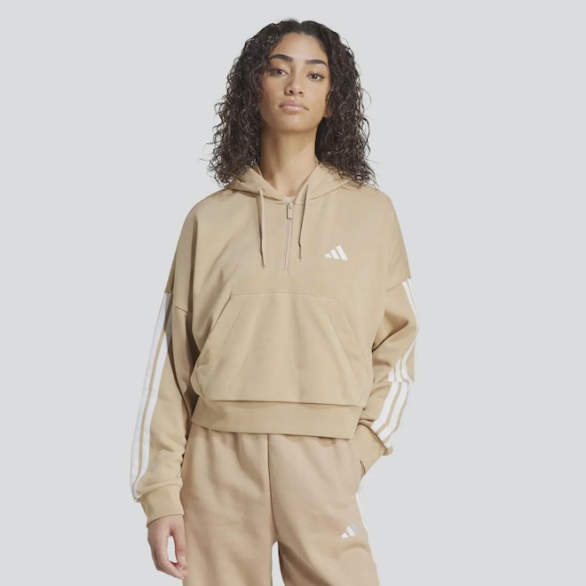 Blusão de Moletom Cropped adidas Essentials 3 Stripes Feminino - Foto 1