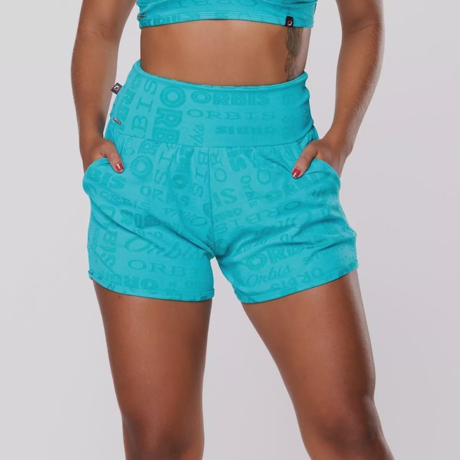 Short Feminino Orbis Fitness Bolso Fitness Jacquard Poliamida Cintura Alta - Foto 1