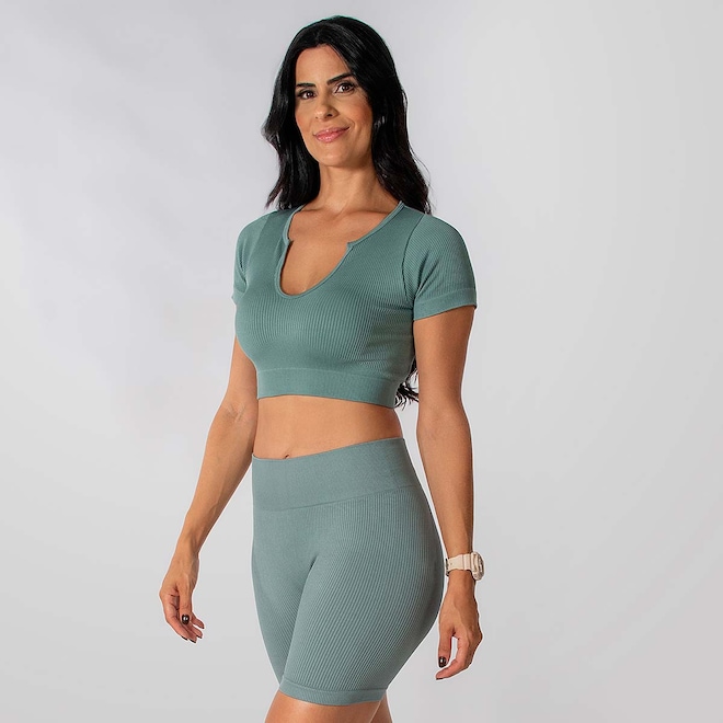 Conjunto Fitness Short E Cropped Canelado Alma Genius Feminino - Foto 1