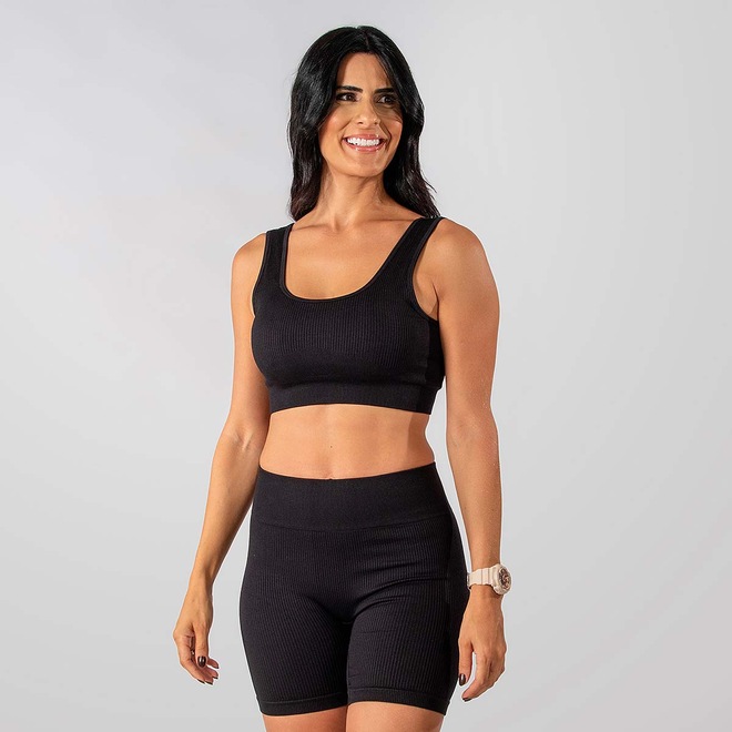 Conjunto Fitness Short E Top Alça Canelado Alma Genius Feminino - Foto 1