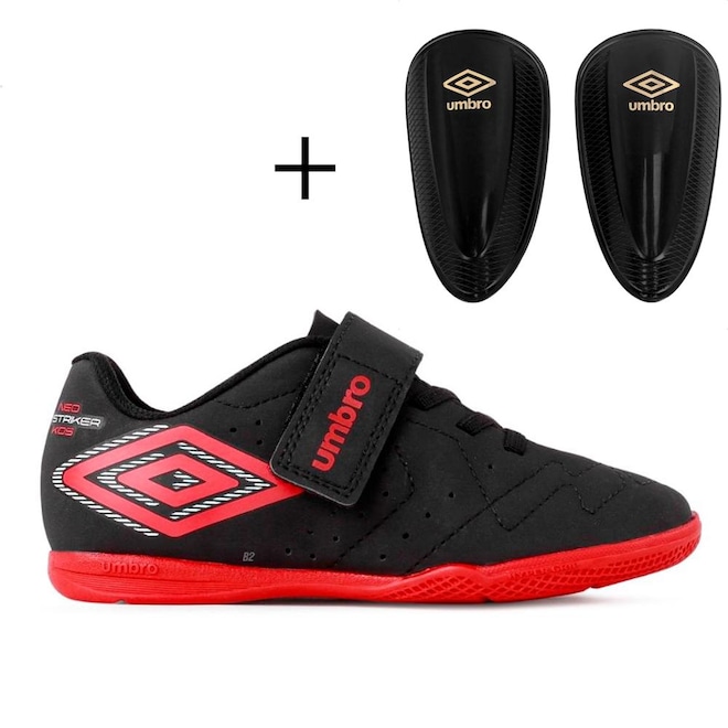 Kit Chuteira Futsal Infantil Umbro Neo Striker Kids + Caneleira - Foto 1
