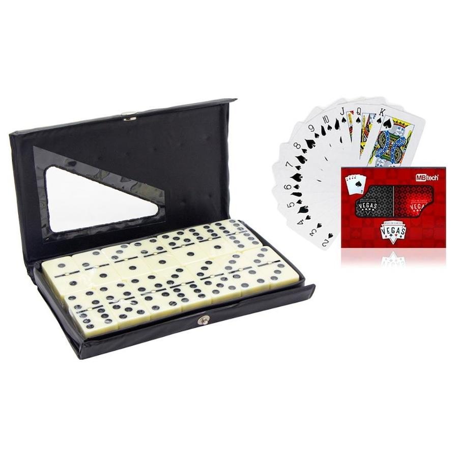 Dominó Dominoes com 28 Peças de 9mm e Estojo Lata + Baralho MB Teach com  108 Cartas