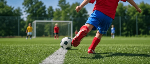 Criança se preparando para chutar uma bola num campo de futebol