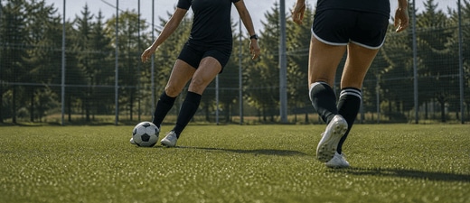 Jogadora de futebol se preparando para dar um passe