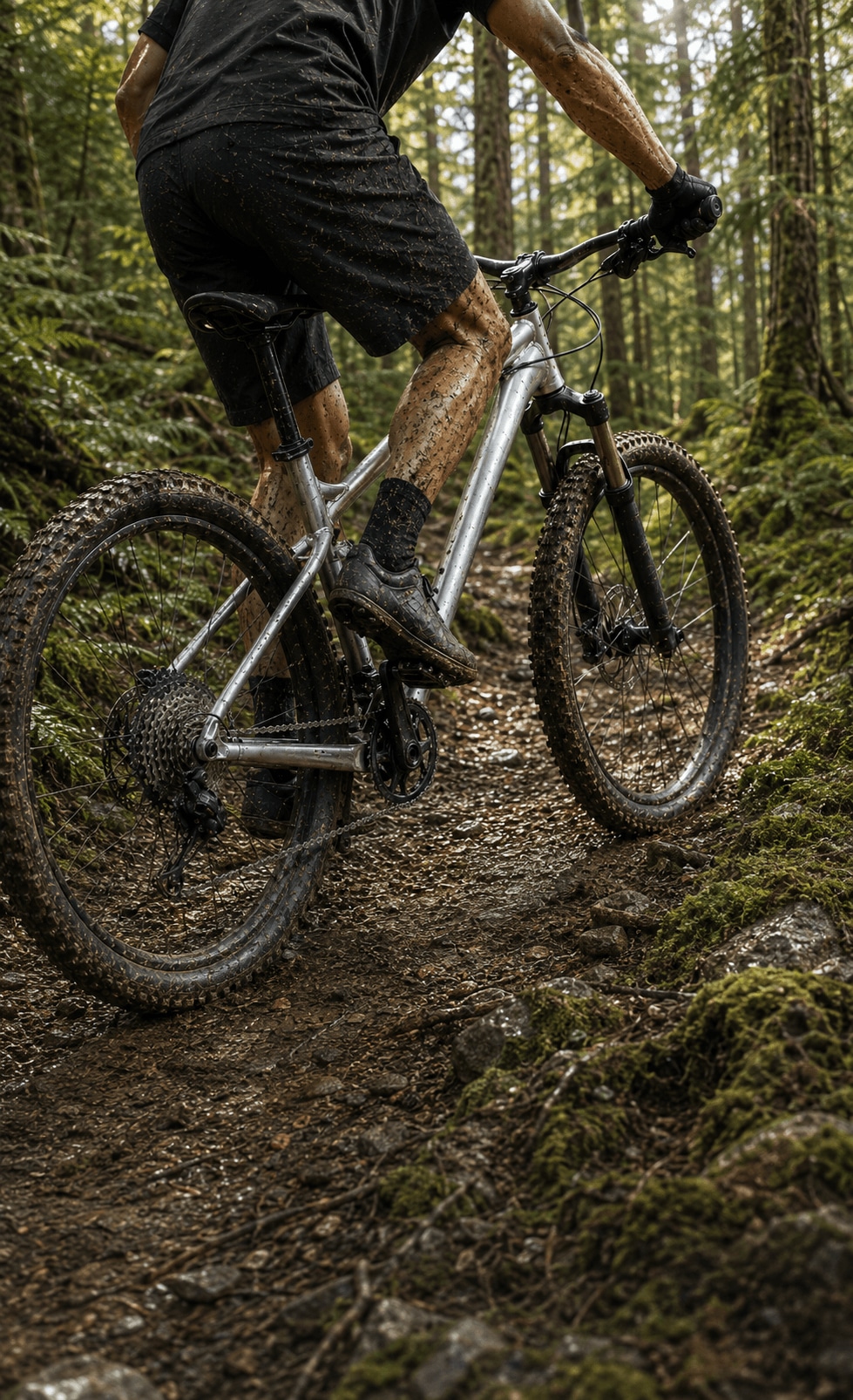 Pessoa pedalando uma bike de alumínio numa trilha