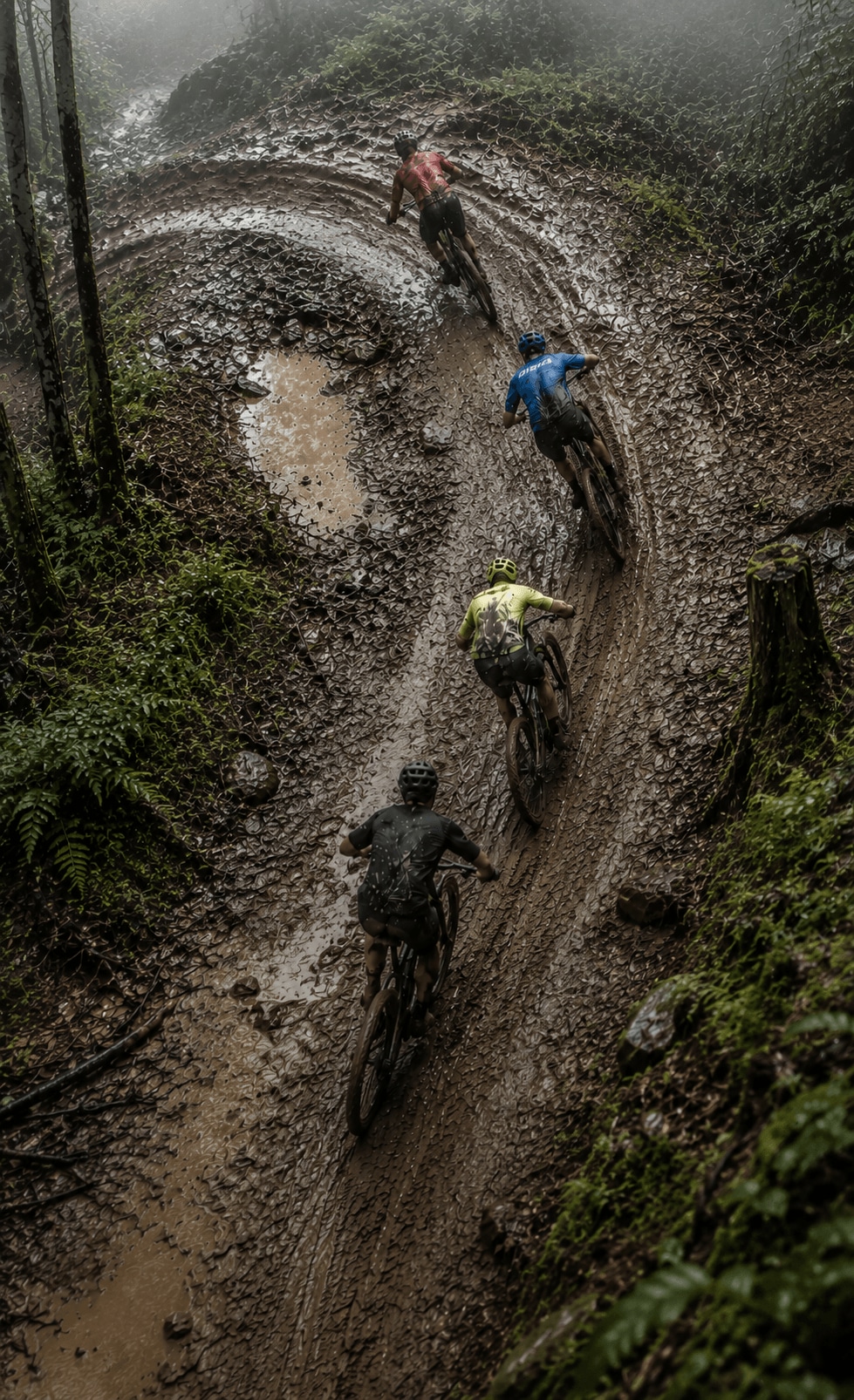 Grupo de atletas pedalando na lama no meio de uma floresta