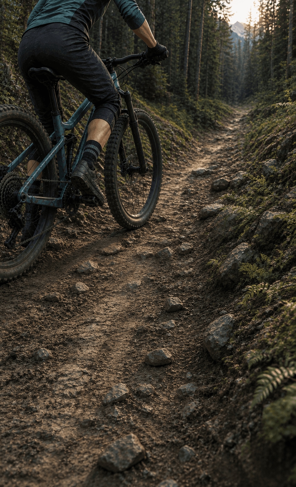 Pessoa pedalando numa trilha reta de um parque